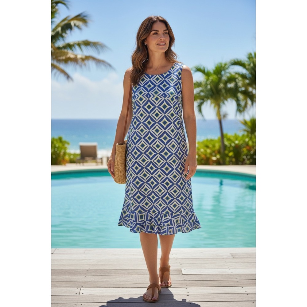 Anthony's Resort Wear Shift Dress Women Blue Green Geometric Ruffle Hem Small